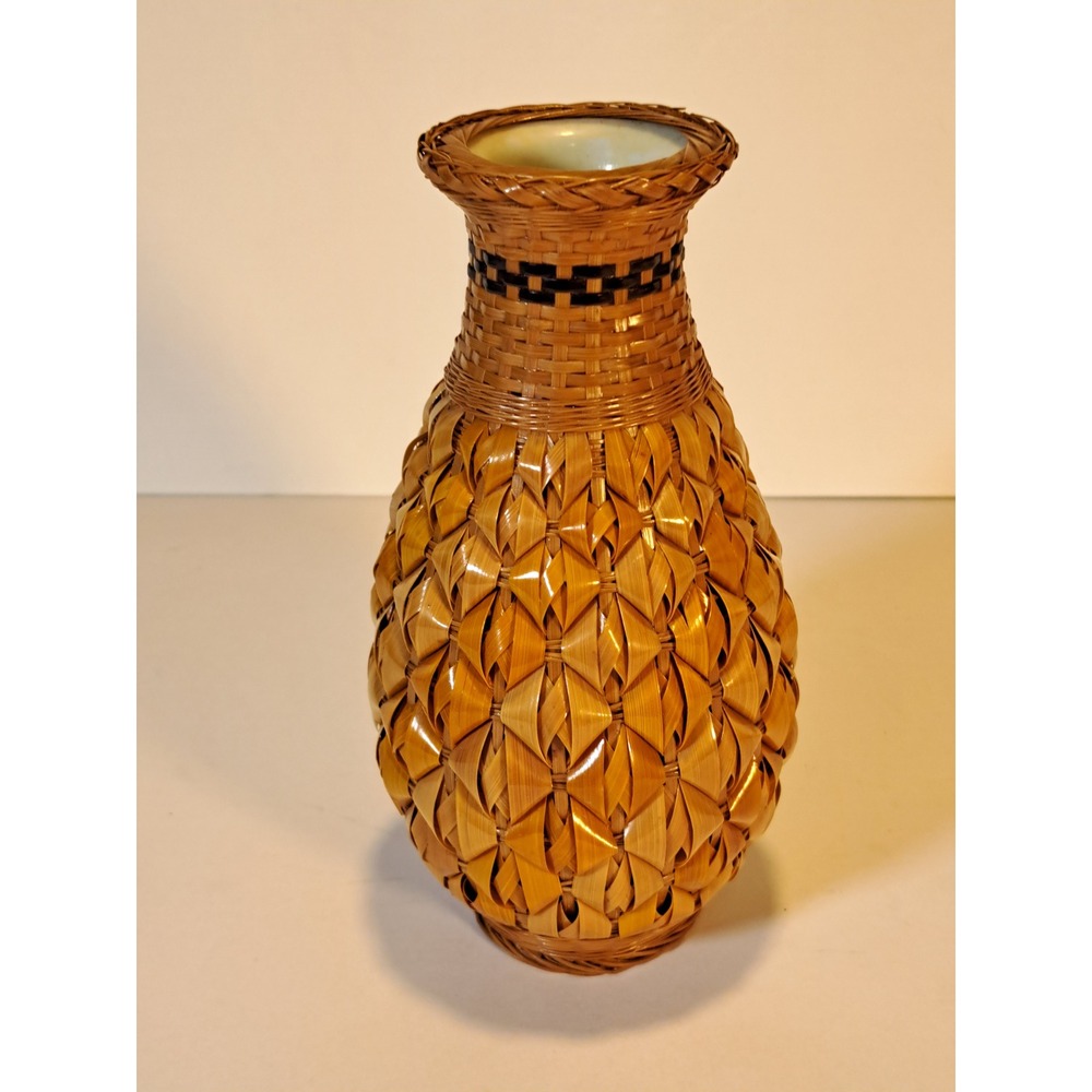 Vintage Bamboo Woven Vase Pineapple Style Basket Weave Bud Vase with Liner